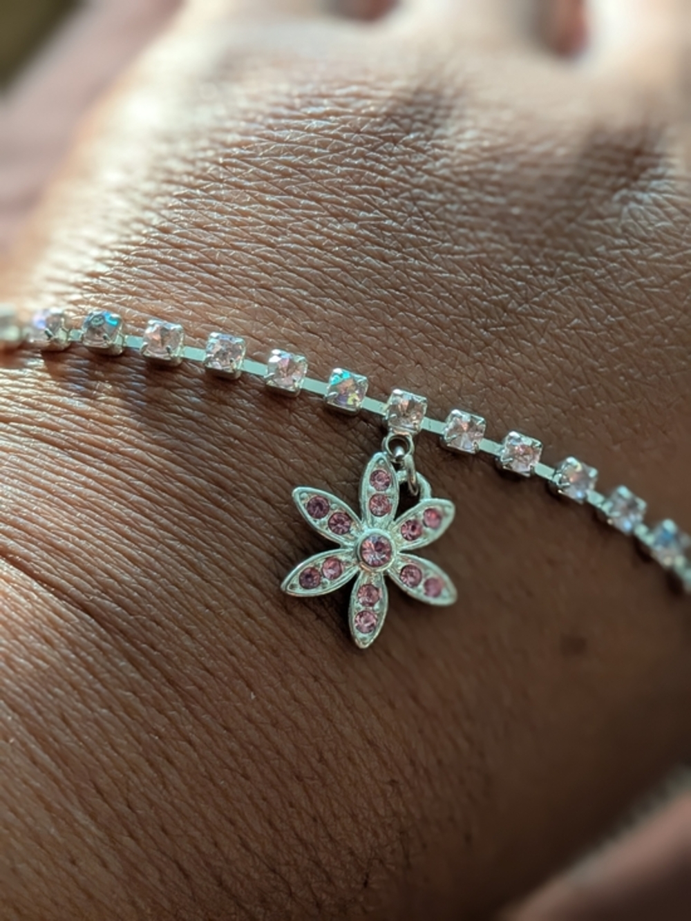 Pink Rhinestone & Flower Charm Bracelet Signed AVON,